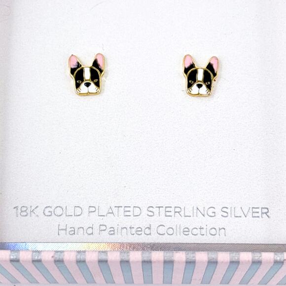 NIB Gold Cake Boston Terrier Gold-Tone Sterling Silver 925 Stud Earrings - Picture 5 of 10
